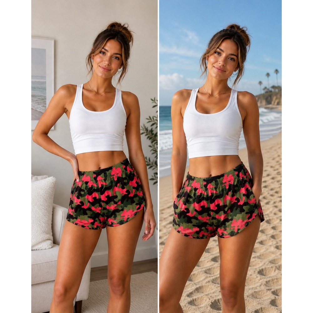 OP Swim Cover-up Shorts Pink Green Camo Elastic Waist Sporty L 11/12